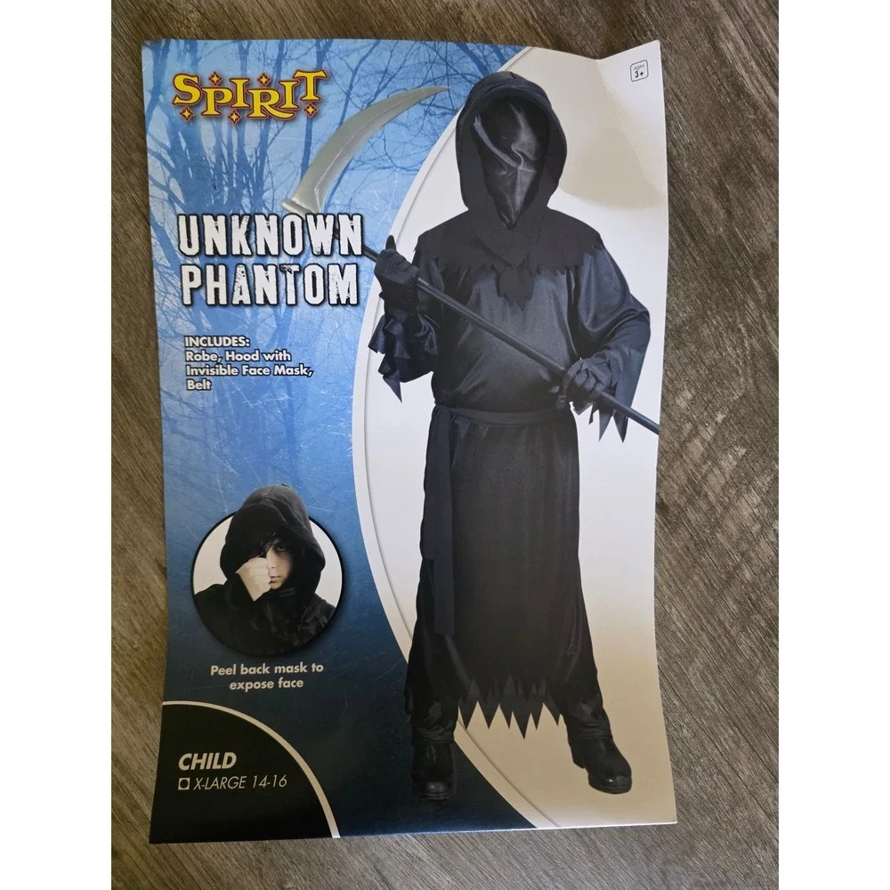 Spirit Halloween Unknown Phantom Costume Kids XL 14-16 Black Grim Reaper